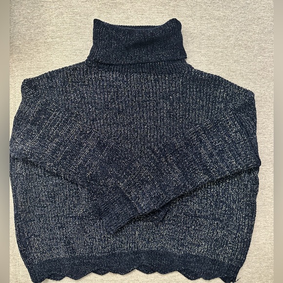 Raga Navy Turtleneck Women’s Sweater with gold threading accents, scalloped edge - Picture 2 of 5